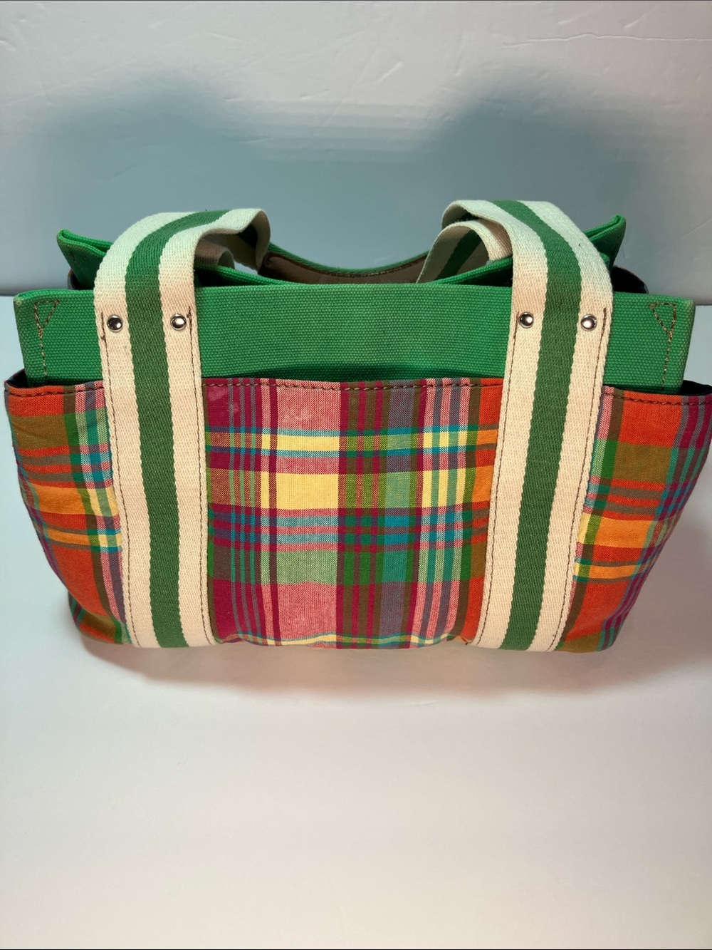 Tommy Hilfiger Madras Striped-Handle Plaid Small Canvas Tote - Picture 3 of 5